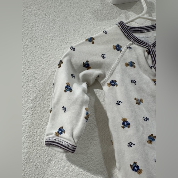 Ralph Lauren Polo Bear Cotton Footed White Striped Logo Coverall Size 3 Months - Picture 2 of 15